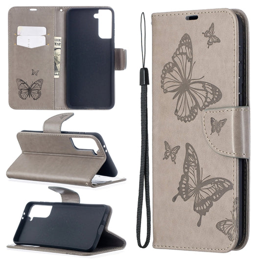 For Samsung Galaxy S21+ 5G Embossing Two Butterflies Pattern Horizontal Flip PU Leather Case with Holder & Card Slot & Wallet & Lanyard(Grey) - Galaxy S21+ 5G Cases by buy2fix | Online Shopping UK | buy2fix