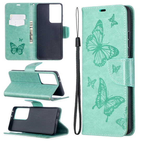 For Samsung Galaxy S21 Ultra 5G Embossing Two Butterflies Pattern Horizontal Flip PU Leather Case with Holder & Card Slot & Wallet & Lanyard(Green)