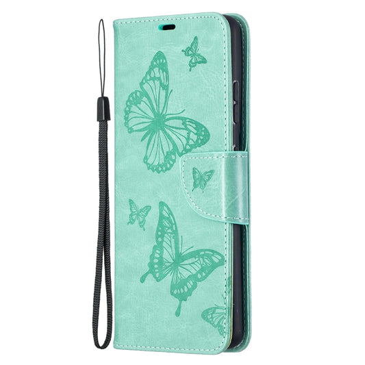 For Samsung Galaxy S21 Ultra 5G Embossing Two Butterflies Pattern Horizontal Flip PU Leather Case with Holder & Card Slot & Wallet & Lanyard(Green) - Galaxy S21 Ultra 5G Cases by buy2fix | Online Shopping UK | buy2fix