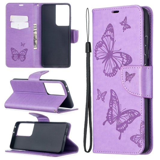 For Samsung Galaxy S21 Ultra 5G Embossing Two Butterflies Pattern Horizontal Flip PU Leather Case with Holder & Card Slot & Wallet & Lanyard(Purple) - Galaxy S21 Ultra 5G Cases by buy2fix | Online Shopping UK | buy2fix