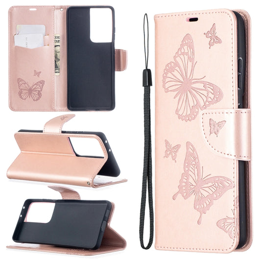 For Samsung Galaxy S21 Ultra 5G Embossing Two Butterflies Pattern Horizontal Flip PU Leather Case with Holder & Card Slot & Wallet & Lanyard(Rose Gold) - Galaxy S21 Ultra 5G Cases by buy2fix | Online Shopping UK | buy2fix