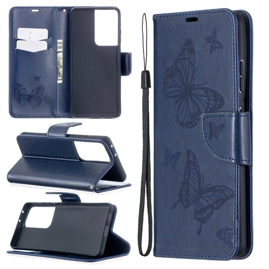 For Samsung Galaxy S21 Ultra 5G Embossing Two Butterflies Pattern Horizontal Flip PU Leather Case with Holder & Card Slot & Wallet & Lanyard(Blue) - Galaxy S21 Ultra 5G Cases by buy2fix | Online Shopping UK | buy2fix