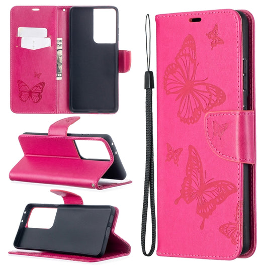 For Samsung Galaxy S21 Ultra 5G Embossing Two Butterflies Pattern Horizontal Flip PU Leather Case with Holder & Card Slot & Wallet & Lanyard(Rose Red) - Galaxy S21 Ultra 5G Cases by buy2fix | Online Shopping UK | buy2fix