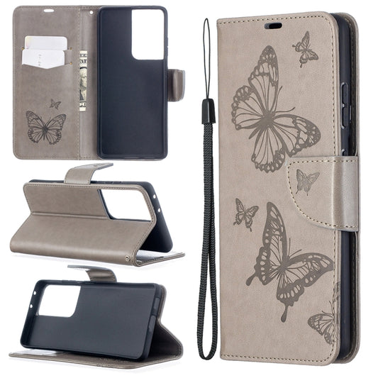 For Samsung Galaxy S21 Ultra 5G Embossing Two Butterflies Pattern Horizontal Flip PU Leather Case with Holder & Card Slot & Wallet & Lanyard(Grey) - Galaxy S21 Ultra 5G Cases by buy2fix | Online Shopping UK | buy2fix