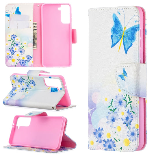 For Samsung Galaxy S21 5G Colored Drawing Pattern Horizontal Flip Leather Case with Holder & Card Slots & Wallet(Flower and Butterfly)