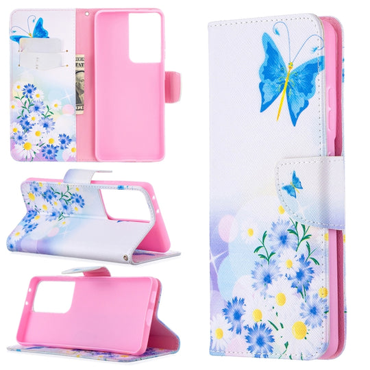 For Samsung Galaxy S21 Ultra 5G Colored Drawing Pattern Horizontal Flip Leather Case with Holder & Card Slots & Wallet(Flower and Butterfly)