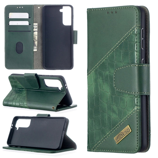 For Samsung Galaxy S21 5G Matching Color Crocodile Texture Horizontal Flip PU Leather Case with Wallet & Holder & Card Slots(Green)