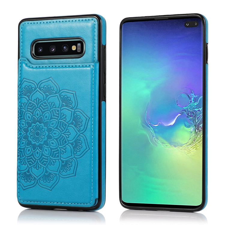 For Samsung Galaxy S10 Plus Double Buckle Mandala Pattern PU+TPU Protective Case with Card Slots & Holder & Photo Frame(Blue) by buy2fix