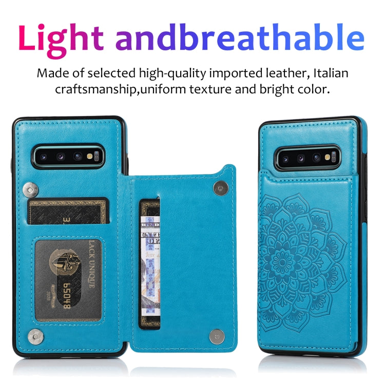 For Samsung Galaxy S10 Plus Double Buckle Mandala Pattern PU+TPU Protective Case with Card Slots & Holder & Photo Frame(Blue) by buy2fix