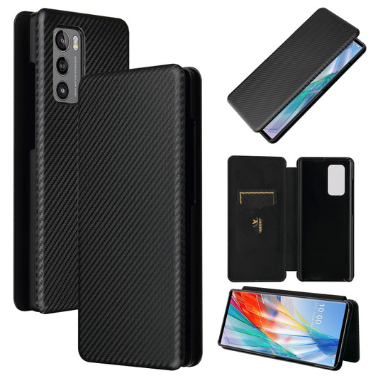 For LG Wing 5G Carbon Fiber Texture Horizontal Flip TPU + PC + PU Leather Case with Card Slot(Black)