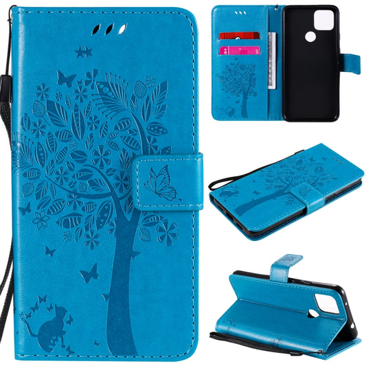 For Google Pixel 4a 5G / Pixel 5 XL Tree & Cat Embossed Pattern Horizontal Flip Leather Case with Holder & Card Slots & Wallet & Lanyard(Blue) - Google Cases by buy2fix | Online Shopping UK | buy2fix
