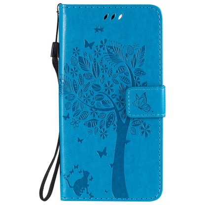 For Google Pixel 4a 5G / Pixel 5 XL Tree & Cat Embossed Pattern Horizontal Flip Leather Case with Holder & Card Slots & Wallet & Lanyard(Blue) - Google Cases by buy2fix | Online Shopping UK | buy2fix
