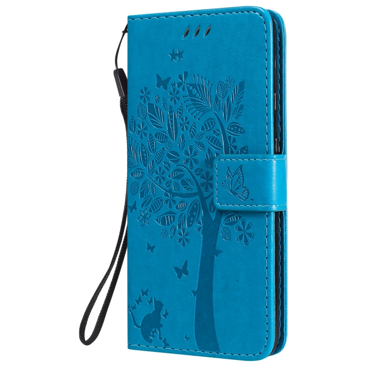 For Google Pixel 4a 5G / Pixel 5 XL Tree & Cat Embossed Pattern Horizontal Flip Leather Case with Holder & Card Slots & Wallet & Lanyard(Blue) - Google Cases by buy2fix | Online Shopping UK | buy2fix