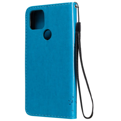 For Google Pixel 4a 5G / Pixel 5 XL Tree & Cat Embossed Pattern Horizontal Flip Leather Case with Holder & Card Slots & Wallet & Lanyard(Blue) - Google Cases by buy2fix | Online Shopping UK | buy2fix
