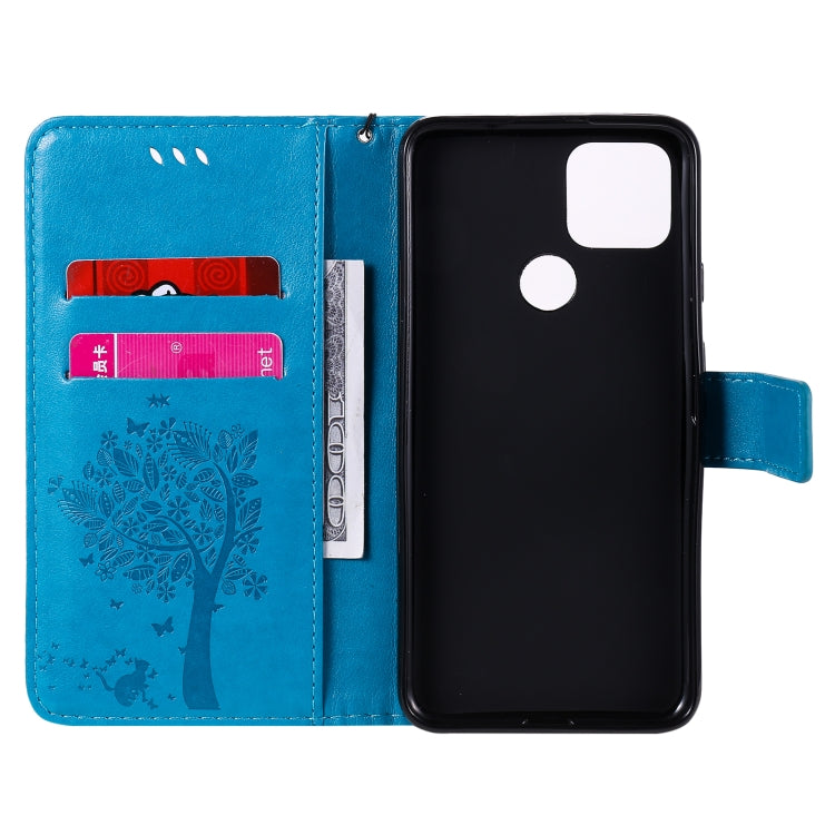 For Google Pixel 4a 5G / Pixel 5 XL Tree & Cat Embossed Pattern Horizontal Flip Leather Case with Holder & Card Slots & Wallet & Lanyard(Blue) - Google Cases by buy2fix | Online Shopping UK | buy2fix