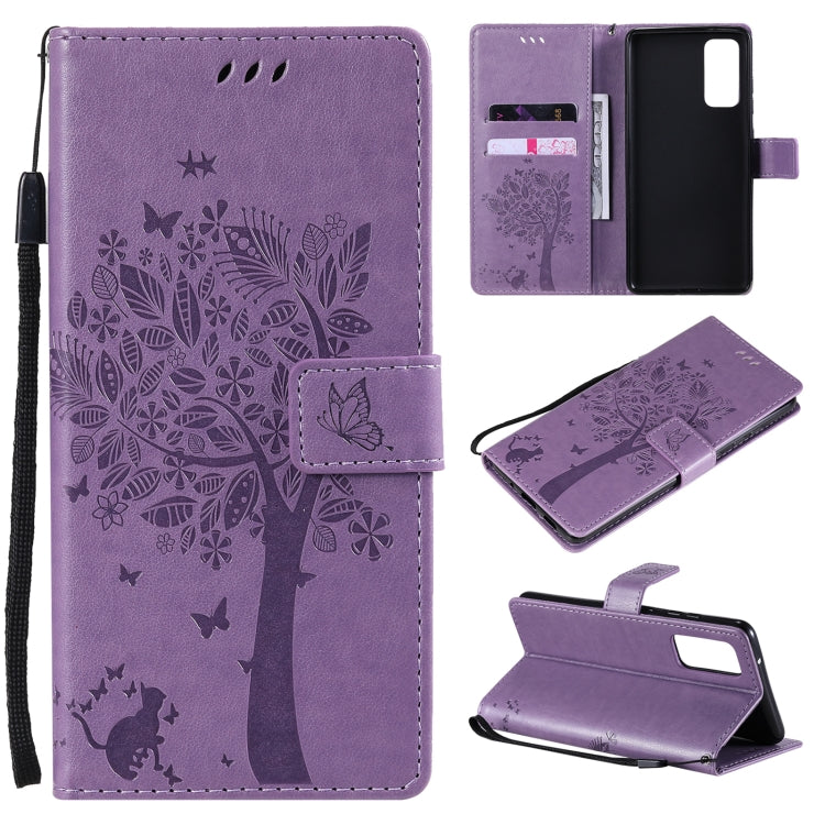 For Samsung Galaxy S20 FE 5G / S20 Lite Tree & Cat Pattern Pressed Printing Horizontal Flip PU Leather Case with Holder & Card Slots & Wallet & Lanyard(Light Purple) by buy2fix