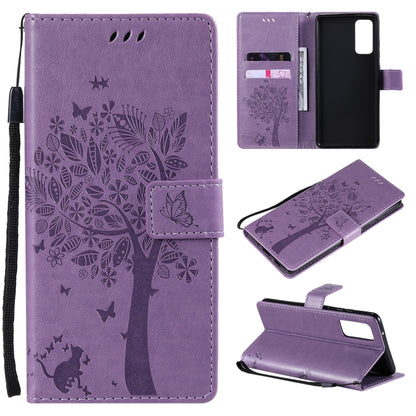 For Samsung Galaxy S20 FE 5G / S20 Lite Tree & Cat Pattern Pressed Printing Horizontal Flip PU Leather Case with Holder & Card Slots & Wallet & Lanyard(Light Purple) by buy2fix