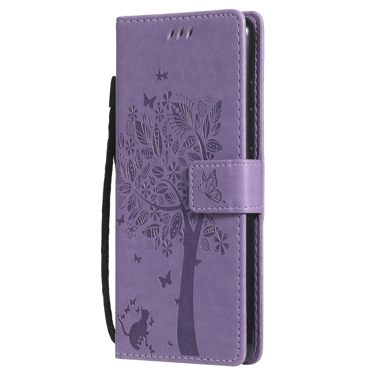 For Samsung Galaxy S20 FE 5G / S20 Lite Tree & Cat Pattern Pressed Printing Horizontal Flip PU Leather Case with Holder & Card Slots & Wallet & Lanyard(Light Purple) by buy2fix