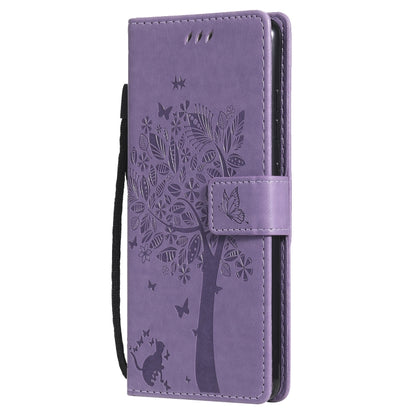 For Samsung Galaxy S20 FE 5G / S20 Lite Tree & Cat Pattern Pressed Printing Horizontal Flip PU Leather Case with Holder & Card Slots & Wallet & Lanyard(Light Purple) by buy2fix