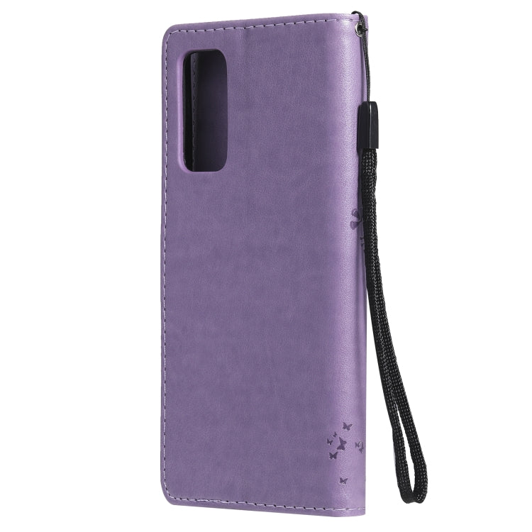 For Samsung Galaxy S20 FE 5G / S20 Lite Tree & Cat Pattern Pressed Printing Horizontal Flip PU Leather Case with Holder & Card Slots & Wallet & Lanyard(Light Purple) by buy2fix