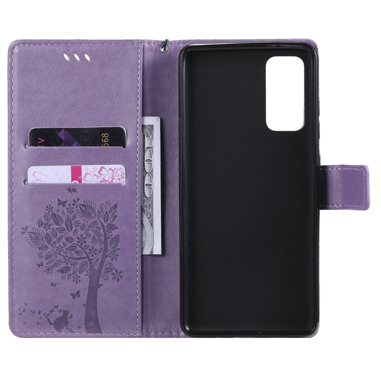 For Samsung Galaxy S20 FE 5G / S20 Lite Tree & Cat Pattern Pressed Printing Horizontal Flip PU Leather Case with Holder & Card Slots & Wallet & Lanyard(Light Purple) by buy2fix