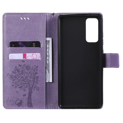 For Samsung Galaxy S20 FE 5G / S20 Lite Tree & Cat Pattern Pressed Printing Horizontal Flip PU Leather Case with Holder & Card Slots & Wallet & Lanyard(Light Purple) by buy2fix