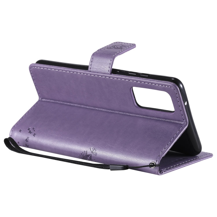 For Samsung Galaxy S20 FE 5G / S20 Lite Tree & Cat Pattern Pressed Printing Horizontal Flip PU Leather Case with Holder & Card Slots & Wallet & Lanyard(Light Purple) by buy2fix