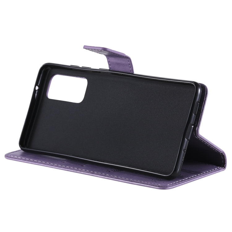 For Samsung Galaxy S20 FE 5G / S20 Lite Tree & Cat Pattern Pressed Printing Horizontal Flip PU Leather Case with Holder & Card Slots & Wallet & Lanyard(Light Purple) by buy2fix