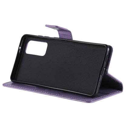 For Samsung Galaxy S20 FE 5G / S20 Lite Tree & Cat Pattern Pressed Printing Horizontal Flip PU Leather Case with Holder & Card Slots & Wallet & Lanyard(Light Purple) by buy2fix