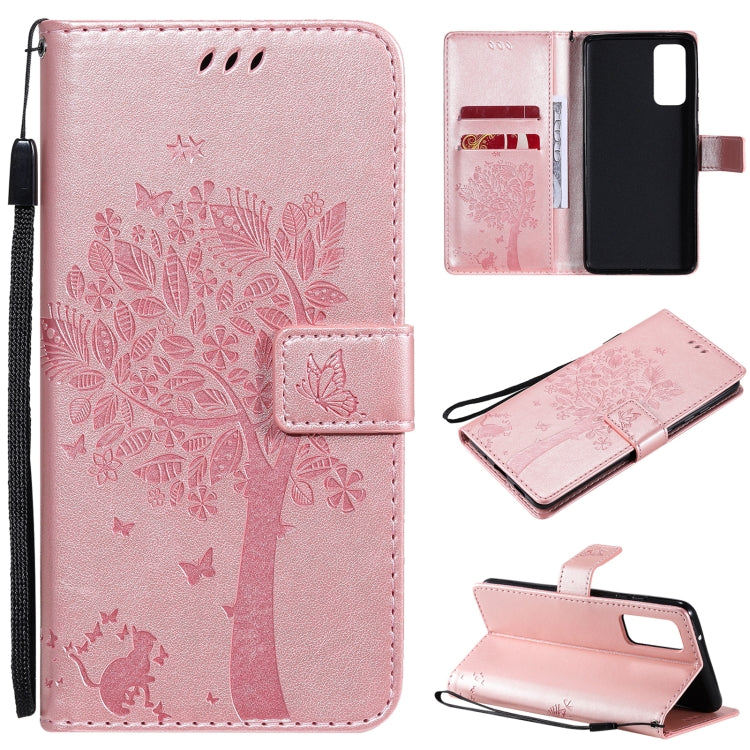 For Samsung Galaxy S20 FE 5G / S20 Lite Tree & Cat Pattern Pressed Printing Horizontal Flip PU Leather Case with Holder & Card Slots & Wallet & Lanyard(Rose Gold) by buy2fix