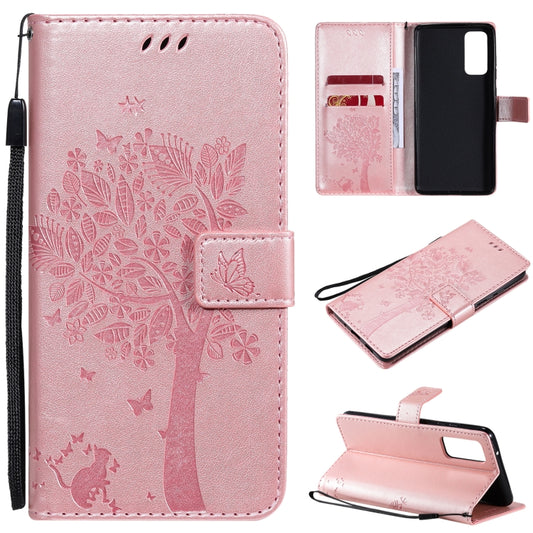 For Samsung Galaxy S20 FE 5G / S20 Lite Tree & Cat Pattern Pressed Printing Horizontal Flip PU Leather Case with Holder & Card Slots & Wallet & Lanyard(Rose Gold) by buy2fix
