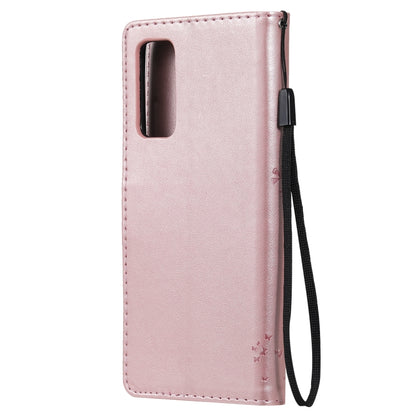 For Samsung Galaxy S20 FE 5G / S20 Lite Tree & Cat Pattern Pressed Printing Horizontal Flip PU Leather Case with Holder & Card Slots & Wallet & Lanyard(Rose Gold) by buy2fix