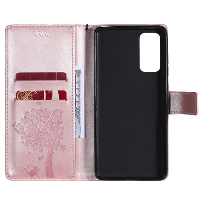 For Samsung Galaxy S20 FE 5G / S20 Lite Tree & Cat Pattern Pressed Printing Horizontal Flip PU Leather Case with Holder & Card Slots & Wallet & Lanyard(Rose Gold) by buy2fix