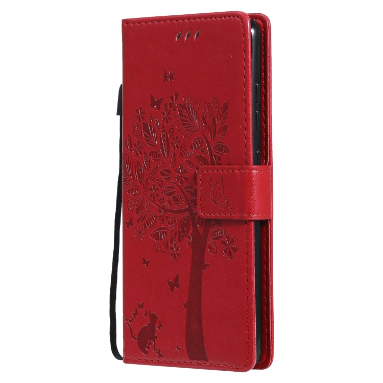 For Samsung Galaxy S20 FE 5G / S20 Lite Tree & Cat Pattern Pressed Printing Horizontal Flip PU Leather Case with Holder & Card Slots & Wallet & Lanyard(Red) by buy2fix