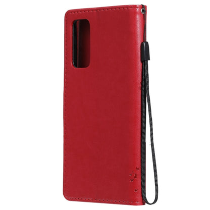 For Samsung Galaxy S20 FE 5G / S20 Lite Tree & Cat Pattern Pressed Printing Horizontal Flip PU Leather Case with Holder & Card Slots & Wallet & Lanyard(Red) by buy2fix