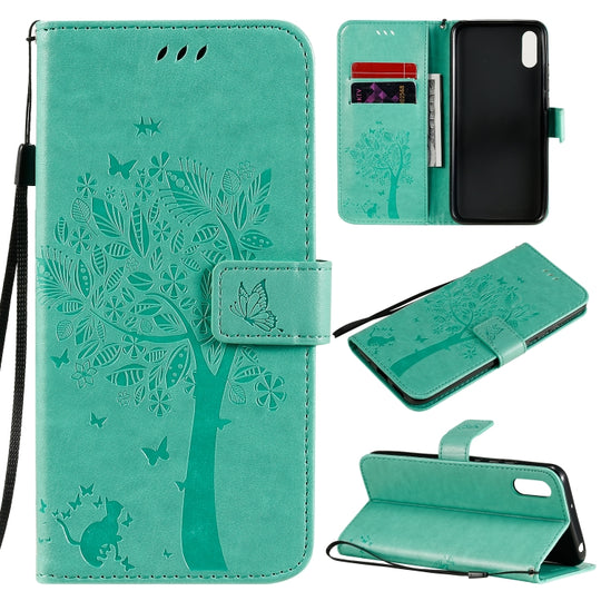 For Xiaomi Redmi 9A Tree & Cat Pattern Pressed Printing Horizontal Flip PU Leather Case with Holder & Card Slots & Wallet & Lanyard(Green)