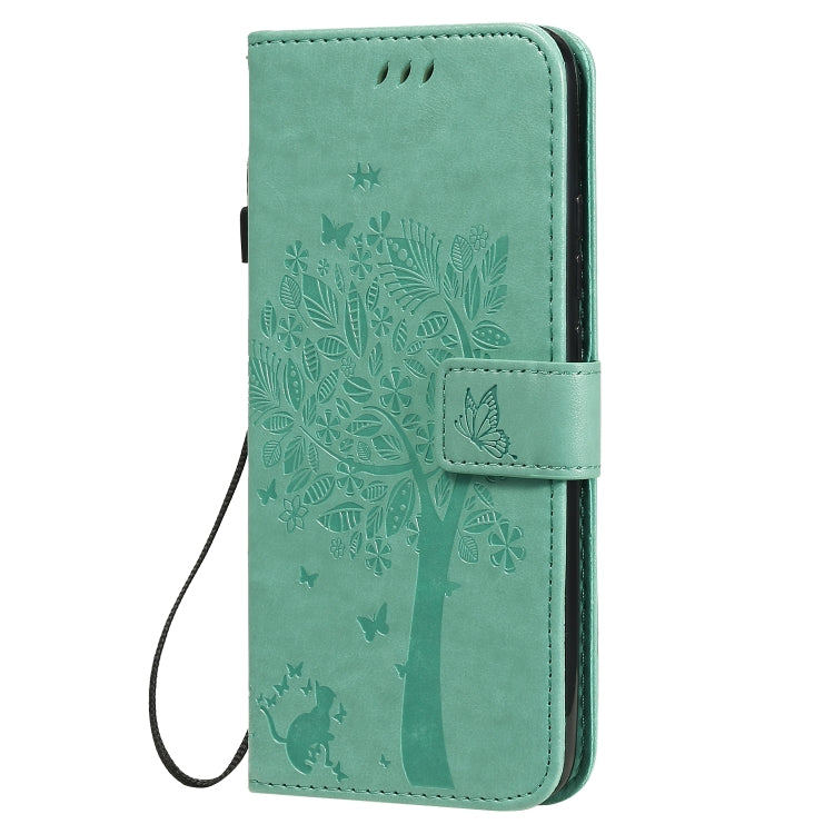 For Xiaomi Redmi 9A Tree & Cat Pattern Pressed Printing Horizontal Flip PU Leather Case with Holder & Card Slots & Wallet & Lanyard(Green) - Xiaomi Cases by buy2fix | Online Shopping UK | buy2fix