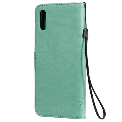 For Xiaomi Redmi 9A Tree & Cat Pattern Pressed Printing Horizontal Flip PU Leather Case with Holder & Card Slots & Wallet & Lanyard(Green) - Xiaomi Cases by buy2fix | Online Shopping UK | buy2fix