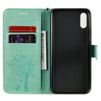 For Xiaomi Redmi 9A Tree & Cat Pattern Pressed Printing Horizontal Flip PU Leather Case with Holder & Card Slots & Wallet & Lanyard(Green) - Xiaomi Cases by buy2fix | Online Shopping UK | buy2fix