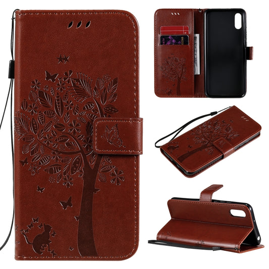 For Xiaomi Redmi 9A Tree & Cat Pattern Pressed Printing Horizontal Flip PU Leather Case with Holder & Card Slots & Wallet & Lanyard(Coffee) - Xiaomi Cases by buy2fix | Online Shopping UK | buy2fix