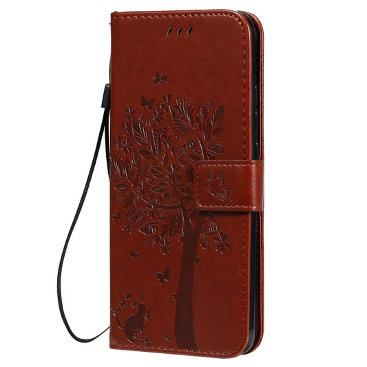 For Xiaomi Redmi 9A Tree & Cat Pattern Pressed Printing Horizontal Flip PU Leather Case with Holder & Card Slots & Wallet & Lanyard(Coffee) - Xiaomi Cases by buy2fix | Online Shopping UK | buy2fix