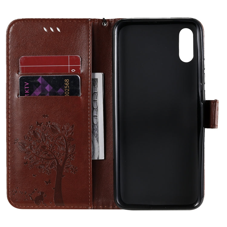For Xiaomi Redmi 9A Tree & Cat Pattern Pressed Printing Horizontal Flip PU Leather Case with Holder & Card Slots & Wallet & Lanyard(Coffee) - Xiaomi Cases by buy2fix | Online Shopping UK | buy2fix