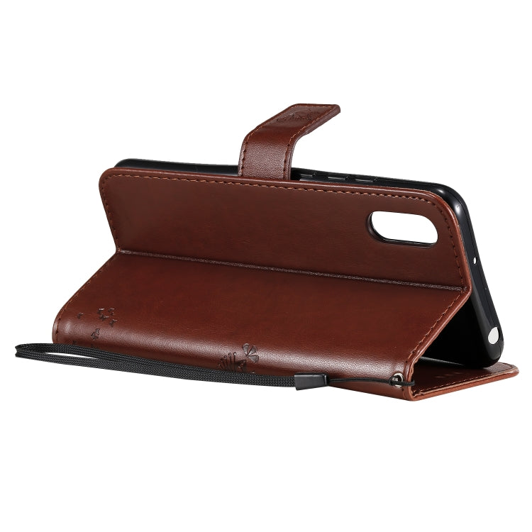 For Xiaomi Redmi 9A Tree & Cat Pattern Pressed Printing Horizontal Flip PU Leather Case with Holder & Card Slots & Wallet & Lanyard(Coffee) - Xiaomi Cases by buy2fix | Online Shopping UK | buy2fix