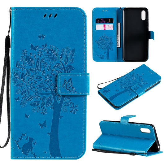 For Xiaomi Redmi 9A Tree & Cat Pattern Pressed Printing Horizontal Flip PU Leather Case with Holder & Card Slots & Wallet & Lanyard(Blue) - Xiaomi Cases by buy2fix | Online Shopping UK | buy2fix