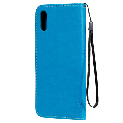 For Xiaomi Redmi 9A Tree & Cat Pattern Pressed Printing Horizontal Flip PU Leather Case with Holder & Card Slots & Wallet & Lanyard(Blue) - Xiaomi Cases by buy2fix | Online Shopping UK | buy2fix