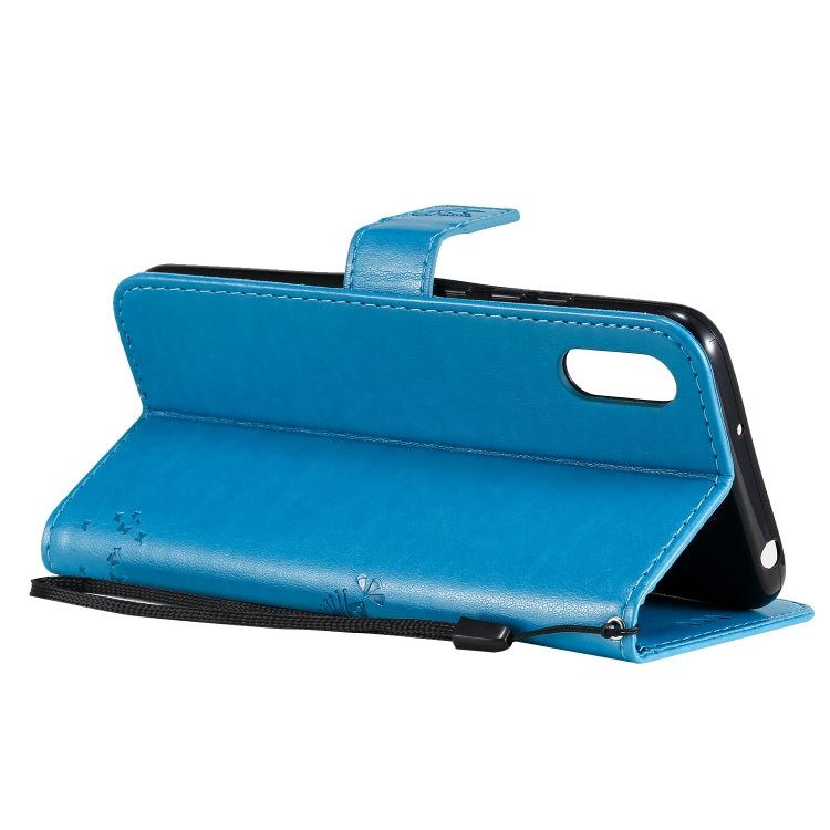 For Xiaomi Redmi 9A Tree & Cat Pattern Pressed Printing Horizontal Flip PU Leather Case with Holder & Card Slots & Wallet & Lanyard(Blue) - Xiaomi Cases by buy2fix | Online Shopping UK | buy2fix