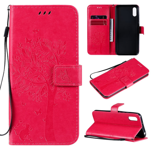 For Xiaomi Redmi 9A Tree & Cat Pattern Pressed Printing Horizontal Flip PU Leather Case with Holder & Card Slots & Wallet & Lanyard(Rose Red) - Xiaomi Cases by buy2fix | Online Shopping UK | buy2fix
