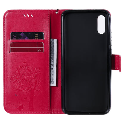 For Xiaomi Redmi 9A Tree & Cat Pattern Pressed Printing Horizontal Flip PU Leather Case with Holder & Card Slots & Wallet & Lanyard(Rose Red) - Xiaomi Cases by buy2fix | Online Shopping UK | buy2fix