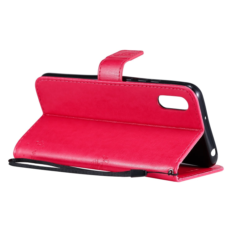 For Xiaomi Redmi 9A Tree & Cat Pattern Pressed Printing Horizontal Flip PU Leather Case with Holder & Card Slots & Wallet & Lanyard(Rose Red) - Xiaomi Cases by buy2fix | Online Shopping UK | buy2fix