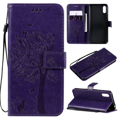 For Xiaomi Redmi 9A Tree & Cat Pattern Pressed Printing Horizontal Flip PU Leather Case with Holder & Card Slots & Wallet & Lanyard(Purple) - Xiaomi Cases by buy2fix | Online Shopping UK | buy2fix